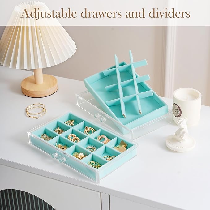 Lolalet Earring Holder Organizer Box Jewelry Storage with 6 Drawers, Clear Acrylic Stackable Earring Case with Adjustable Velvet Trays for Women on Dresser Vanity -Aqua, 6 Layers