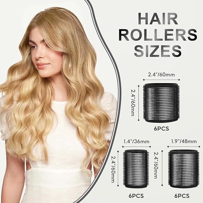 HYOUJIN 18 Pcs Thermal Hair Rollers,Self Grip Jumbo Thermal Curlers Set,Large Rollers for Women,Heatless Curlers for Blowout Volume and Curling Look for Long,Short Hair(Black,60 48,36mm)