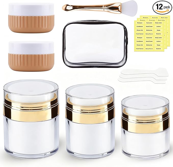 1.7/1/0.5oz Refillable Cosmetic Moisturizer Airless Pump Jar 3 Pack Bottles Travel TSA Size for Cream, Gels and Lotion with 2 Silicone Cream Jars BPA-Free