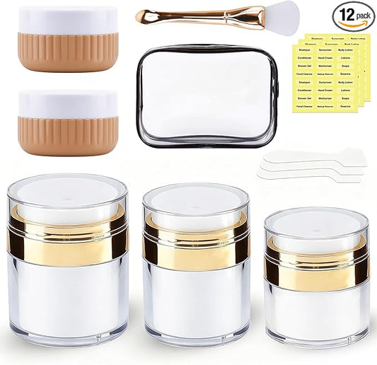 1.7/1/0.5oz Refillable Cosmetic Moisturizer Airless Pump Jar 3 Pack Bottles Travel TSA Size for Cream, Gels and Lotion with 2 Silicone Cream Jars BPA-Free