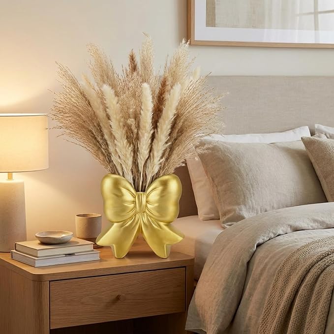 Bow Vase Coquette Ceramic Vase Pen Holder Makeup Brush Holder Contemporary Design Decorative Women Gift for Christmas Home Office Shelf Table Room(Gold,Small,Classic)