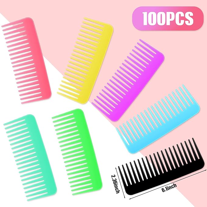 Vesici 100 Pcs Wide Tooth Comb Bulk 6.1 Inch Large No Handle Tooth Comb for Wet Hair for Travel Hotel Homeless Shelter Nursing Home Charity Church, 7 Colors
