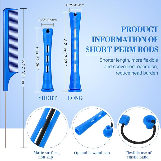 WILLBOND 60 Pcs Perm Rods for Short Long Hair Plastic Cold Wave Perming Curlers Small Hair Curling Rollers with Steel Pintail Rat Tail Kit for Women Hairdressing Styling Supplies(0.35 Inch,Blue)