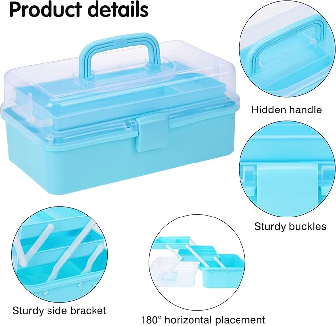 OUTUXED 12.5inch 3-Layer Multipurpose Craft Organizers, Portable Folding Toolbox, Plastic Tool Box with Handle for Sewing Supplies, Medicine, Art Supplies, Nails and Hair Accessories(Blue)