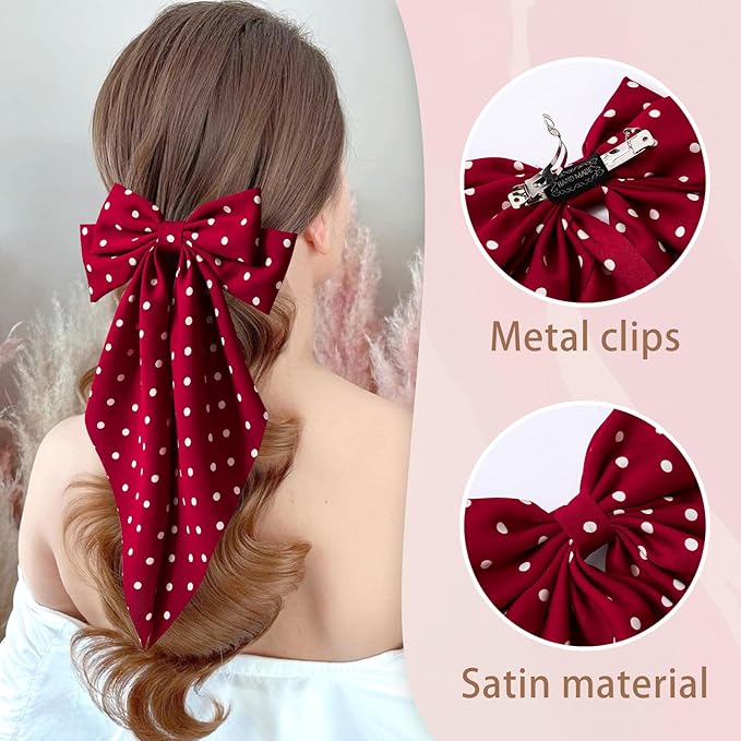 3 PCS Hair Bows for Women, Big Bow Hair Clips for Girls, Silky Satin Hair Bows Clips Oversized Long Tail, Large Hair Barrettes Cute Aesthetic Hair Accessories, Metal Bow Hair Clips Polka Dot