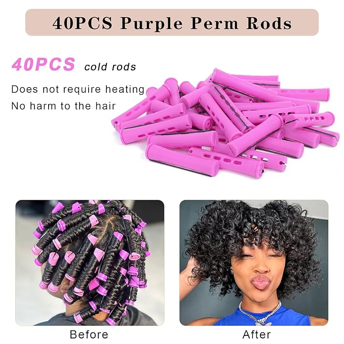40 Pcs Perm Rods For Short Hair Purple Heatless Curl Rods For Long & Natural Hair,Medium Size Hair Rollers For Black Women(Purple 40Pcs)