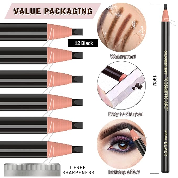 12 Piece Black Colour Waterproof Eyebrows Pencil Tattoo Makeup And Microblading Supplies Kit-Permanent Eye Brow Liners In Waterproof Eyebrow Pencils Peel - Brow Pencil Set For Marking(12 Pcs)