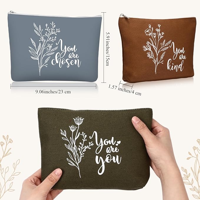 Coume 10 Pcs Valentines Canvas Makeup Bags Bulk, Inspirational Quotes Cosmetic Zipper Encouragement Travel Pouch Toiletry Bag Women Teacher Friend Birthday Gift(Natural Color,Aesthetic)