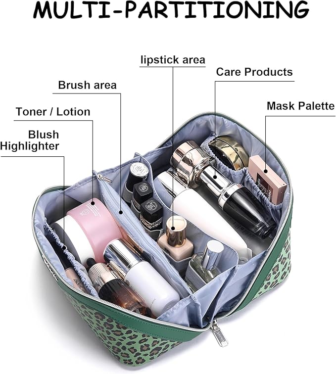 BOYATU Travel Makeup Bag for Women: 3 Pcs Set Portable Make up Bags with Handle - Leopard Print Cosmetic Bags with Comparments - Waterproof Vegan Leather Toiletry Bag (09-Green)
