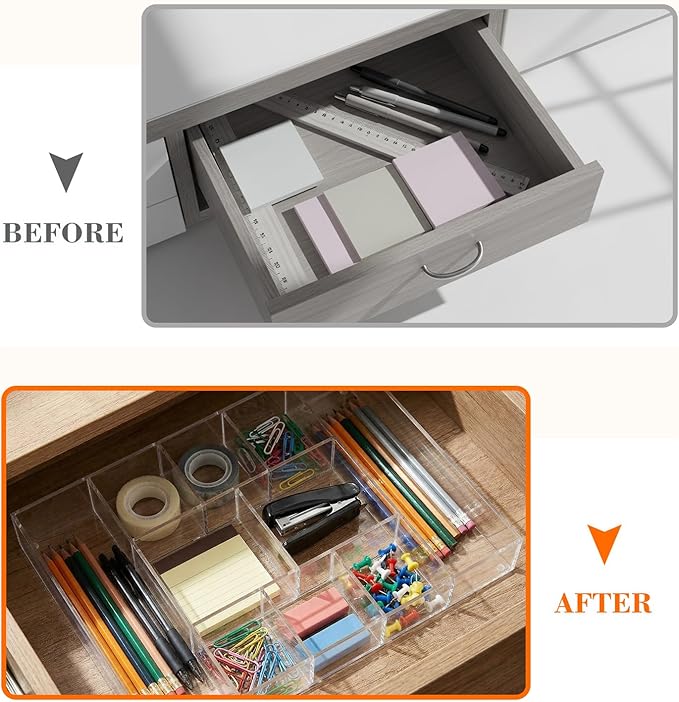 Large Acrylic Desk Deep Drawer Organizer with Adjustable Dividers, Anti-Skip Clear Desk Top Organizer Tray for Pens, Desktop, Office, Bathroom, Kitchen, Makeup Supplies(10 Compartments)