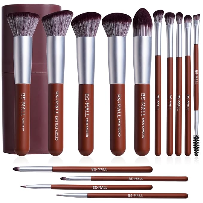 BS-MALL Makeup Brush Set 14 Pcs With Case - Foundation Brush, Concealer Brush, Blush Brush & Flawless Application – Complete Luxury Cosmetic Brush Kit For Travel & Daily Use (Brown)