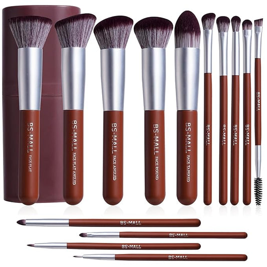 BS-MALL Makeup Brush Set 14 Pcs With Case - Foundation Brush, Concealer Brush, Blush Brush & Flawless Application – Complete Luxury Cosmetic Brush Kit For Travel & Daily Use (Brown)
