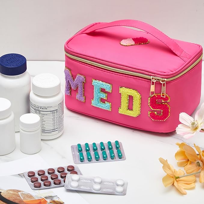 Geetery Clear Makeup Bag Chenille Letter Meds Bag Travel Cases Preppy Patch with Zipper, Portable Cosmetic Toiletry Storage case for Women(Meds,Rose Red)