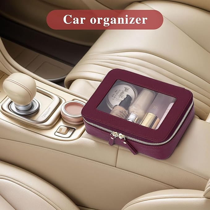 Clear Makeup Bag Women's Waterproof Travel Cosmetic Case and Toiletry Bag Portable Makeup Organizer Bag for Car with Zipper (Burgundy, M)