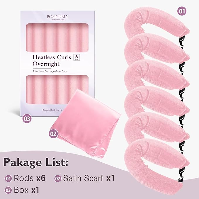 Overnight Hair Curlers Heatless Curls - 6 Pcs No Heat Blowout Curling Rods to Sleep In with Satin Hair Scarf