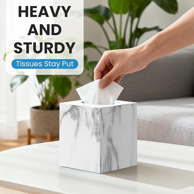 2 Pack Marble Tissue Box Cover, Square Acrylic Tissue Holder, Decorative Facial Tissue Box Vessel Cube Paper Organizer Dispenser for Bathroom Office, Night Stand, Desk, Car, Vanity, Countertops