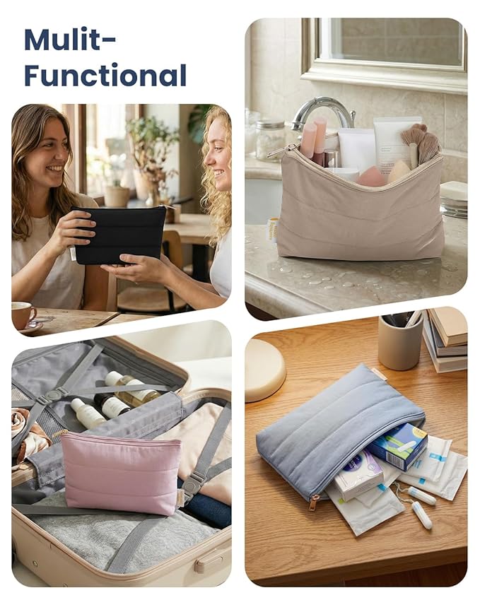 Wandering Nature Small Makeup Bag 2 Pack Cosmetic Bag for Purse, Puffer Quilted Makeup Pouch, Cute Travel Pouch with Zipper for Women, Gray Blue