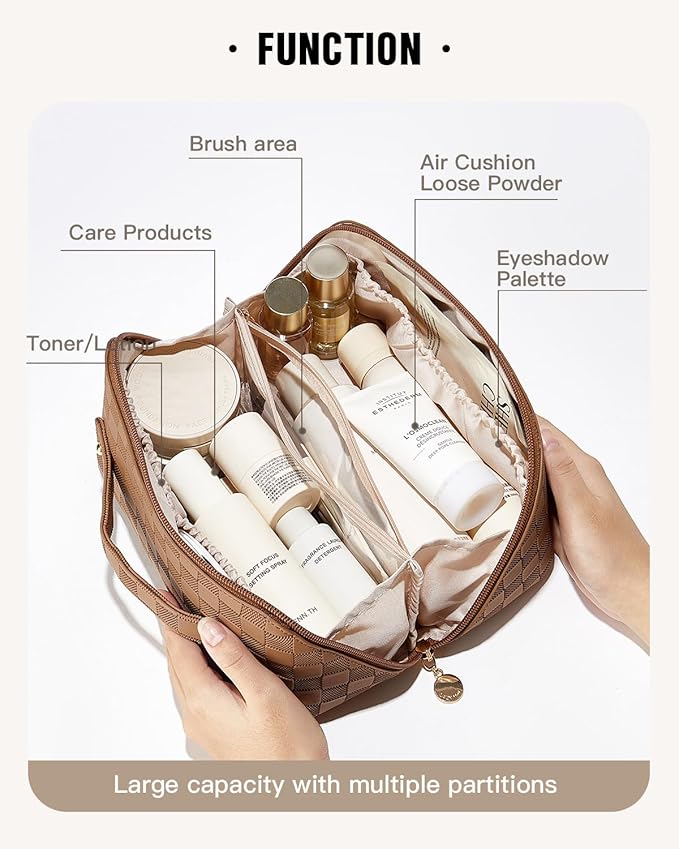 EACHY Travel Makeup Bag, Large Capacity Cosmetic Bag for Women, Waterproof PU Leather, Flat Open Portable Toiletry Bag for Skincare, Brushes & Travel Essentials