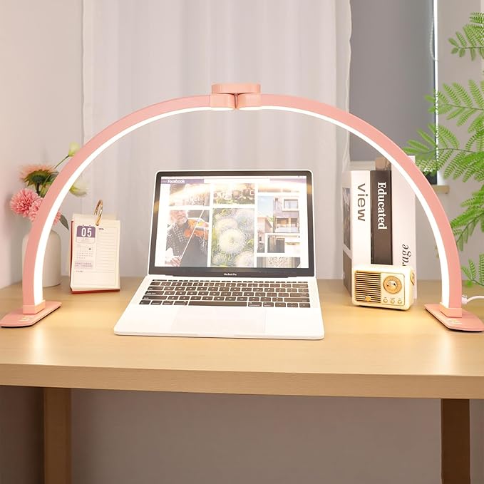 Foldable Large Half Moon LED Light for Table Nail Desk with Phone Stand, Upgrade Arch Light for Nail Techs with Wire Controller for Manicure Tattoo Beauty (Pink,Large)