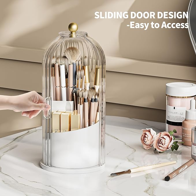 Dustproof Toothbrush Holder with Lid, 360 Rotating Countertop Electric Toothbrush Toothpaste Holders with Cover for Bathroom, 3 Slots Makeup Brush Holder with Lid for Vanity, White-Clear