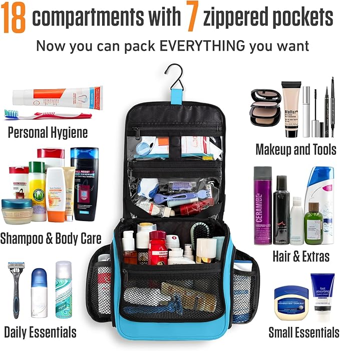 VENTURE 4TH Hanging Travel Toiletry Bag for Women & Men – Large Toiletry Organizer with 18 Compartments, Removable TSA Pouch, Travel Wash Bag for Toiletries, Makeup & Shaving Kit (Light Blue)