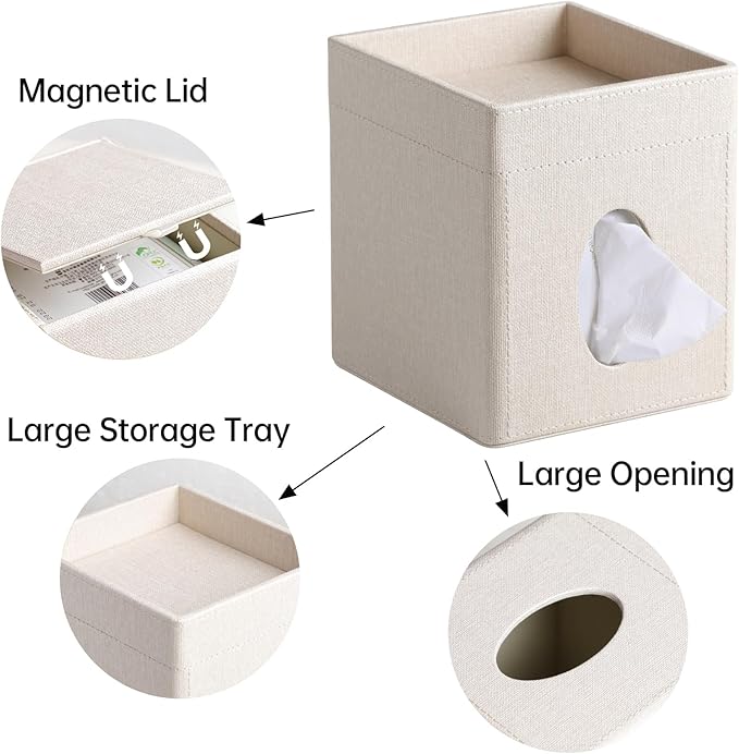 Tissue Box Cover, PU Leather Square Tissue Box Holder with Storage Tray for Bathroom Vanity Countertop Night Stands Bedroom Office Desk, Stylish Tissue Holder Decorative Organizer (Linen)