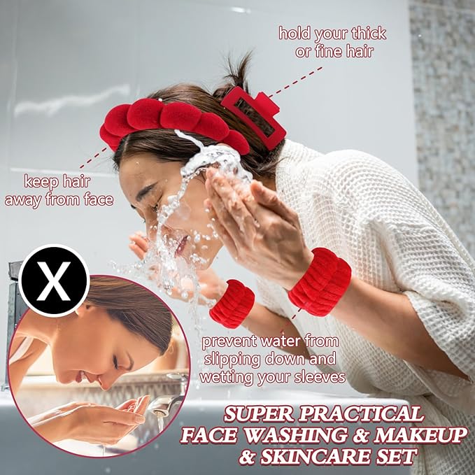 Canitor Spa Headband Wrist Bands Set with Hair Clips Skincare Skin Care Makeup for Washing Face Red Gifts for Women Preppy Tween Teen Girl Cute Trendy Stuff