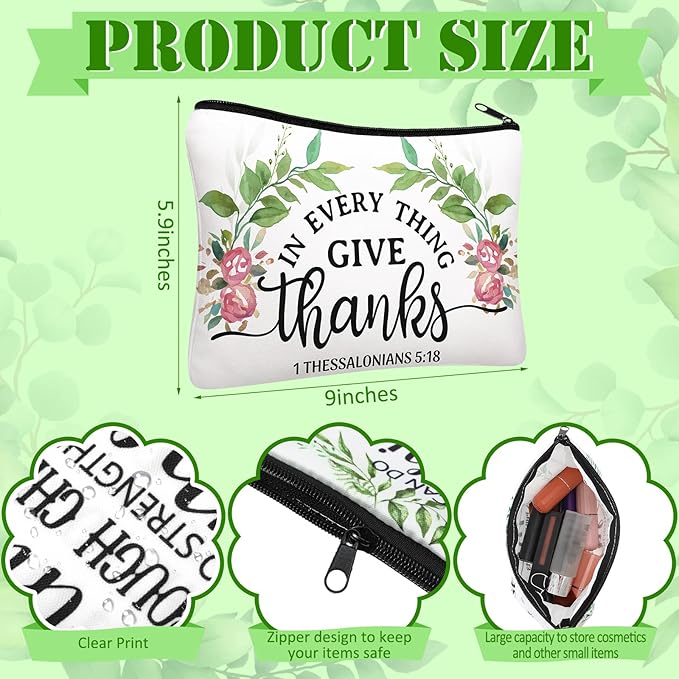 Pinkunn 16 Pcs Valentines Canvas Makeup Bags Bulk Inspirational Christian Women Religious Galentine Gifts Inspirational Bible Verse Pencil Pouch Makeup Bags with Zipper for Travel(Bible Leaves)