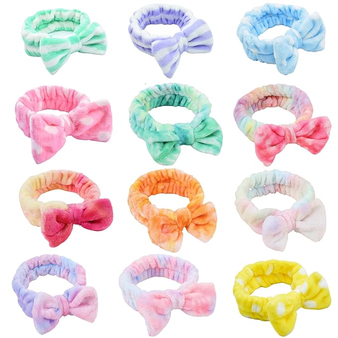 12pcs Spa Headband Soft Bowknot Spa Hair Band Coral Fleece Headband Makeup Headbands for Face Washing Skin Care Shower Yoga Headwraps for Women Girls (Pattern K)