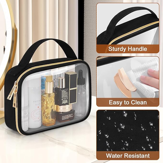 Wedama Clear Toiletry Bag, 3 Pack Clear Makeup Bags with Handles, PVC Cosmetic Bags for Women and Men, Large Opening Toiletry Bags, Black