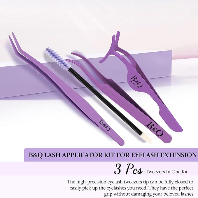 B&Q Eyelash Applicator Tool 3 PCS Lash Applicator Tool Kit Lash Tweezers for Eyelash Extensions Application Tool and Removal （Purple,3 PCS）
