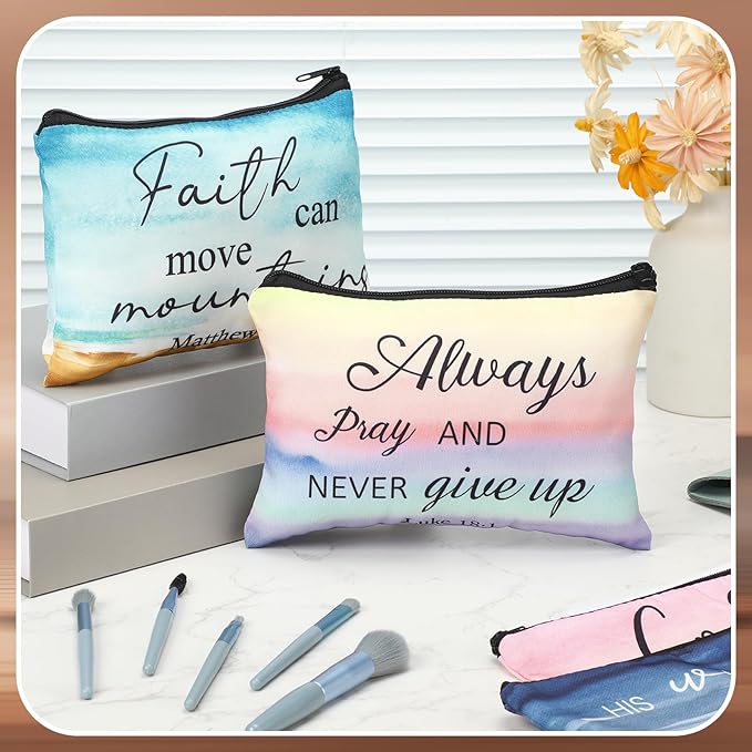 Pinkunn 16 Pcs Valentines Canvas Makeup Bags Bulk Inspirational Christian Women Religious Galentine Gifts Inspirational Bible Verse Pencil Pouch Makeup Bags with Zipper for Travel(Bible Landscape)