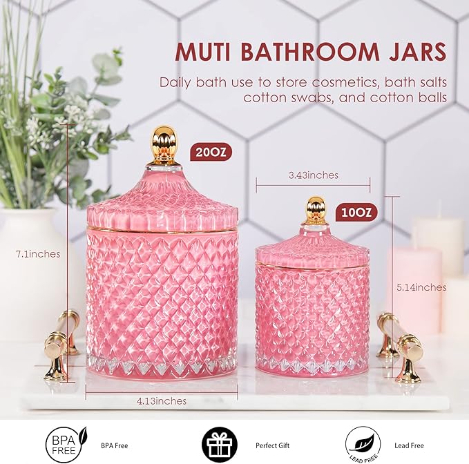 2 Pack Glass Qtip Holder Apothecary Jars Bathroom Jars with Lids for Room Decor, Pink Bathroom Accessories Storage Organizer, Cotton Ball Pad Round Swab Holder sets Pink Decor, 20oz+10oz
