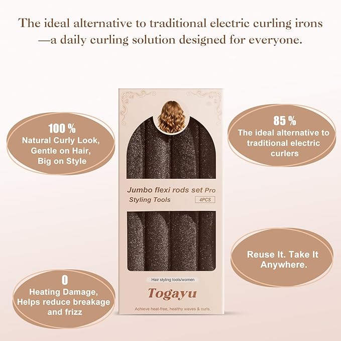 Heatless Curls Overnight Set for Natural Hair, Comfortable Easy-Lock Rollers, Heat-Free Hair Curlers for Long Textured Hair, 4PCS Brown