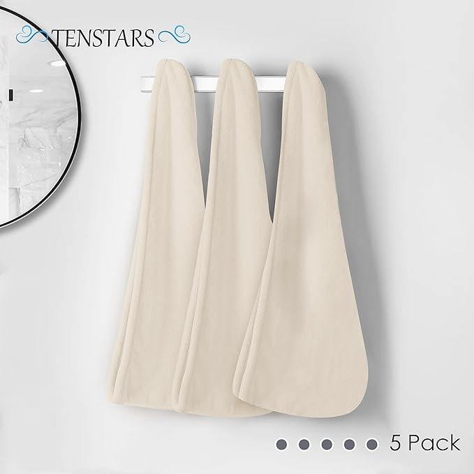 TENSTARS 5 Pack Thicken Microfiber Hair Towel Wrap for Women - Elastic Loop Design - 320GSM Coral Velvet - Quick Dry Hair Turban - 11x28 Inch (Cream)
