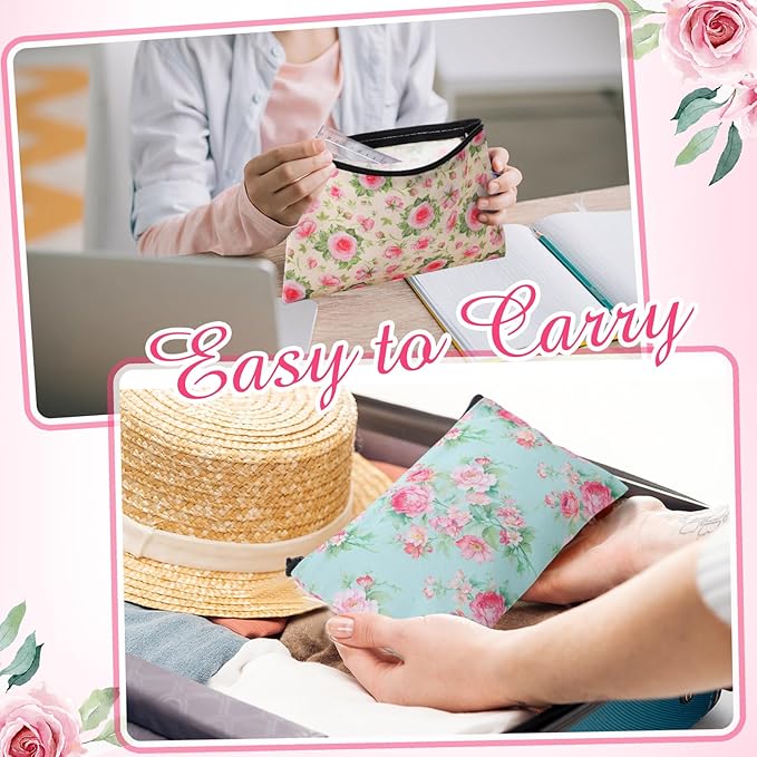 Reginary 20 Pieces Cosmetic Bag for Women, Roomy Makeup Bags with Zipper Toiletry Bag Pouch Travel Accessory Organizer Gifts, 7 x 4.3 Inches(Pink Flower)