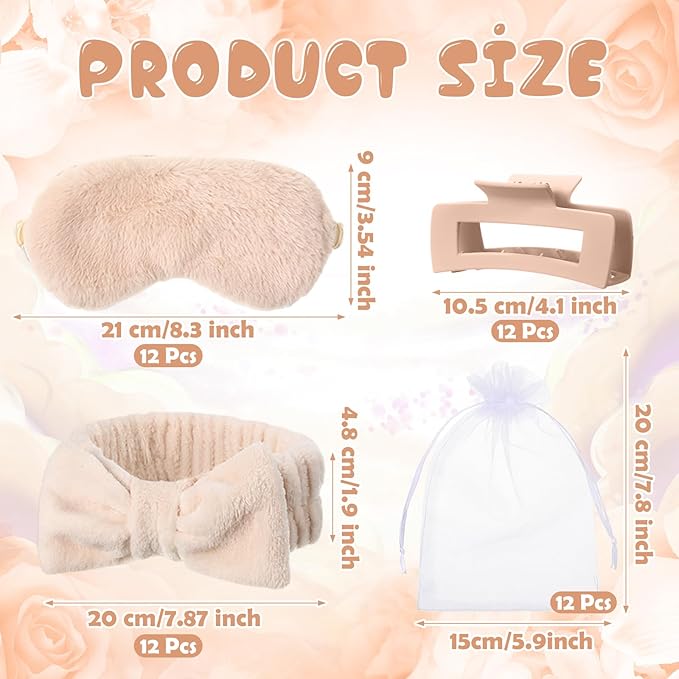 48 Pcs Galentine Spa Party Supplies Sleepover Essentials 12 Spa Headband 12 Plush Eye Mask 12 Claw Clips 12 Organza Bag for Adult Slumber Party Supplies Valentine Gift(Khaki)