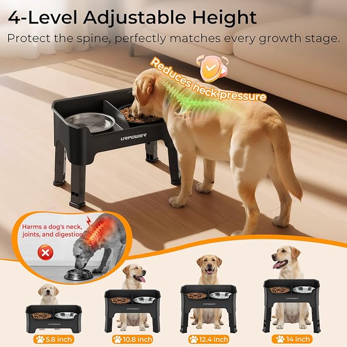 URPOWER Mess Proof Slow Feeder Dog Bowls 4 Height Adjustable Elevated Bowl Stand with Stainless Steel Water Bowl and Slow Feeder Non-Slip Dog Food Bowls Stand for Small Medium Large Dogs