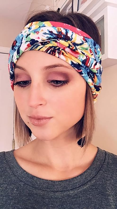 DRESHOW 4 Pack Boho Cotton Non-Slip Headbands for Women Girls Yoga Workout Running Knotted Turban Floral Elastic Head Wrap