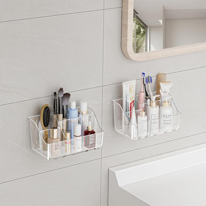 2-Pack Clear Wall-Mounted Toothbrush Holders for Bathroom Organizers and Storage, Tooth Brush & Toothpaste Holder for Countertop or Wall
