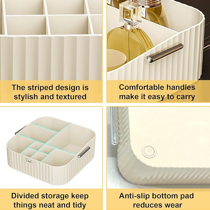 DASITON Acrylic Makeup Organizer,9 Slots Makeup Brush Holder,Makeup Storage with Handle,Vintage Striped Cosmetic Organizer for Desk Storage Container,Vanity,Bathroom(Cream)