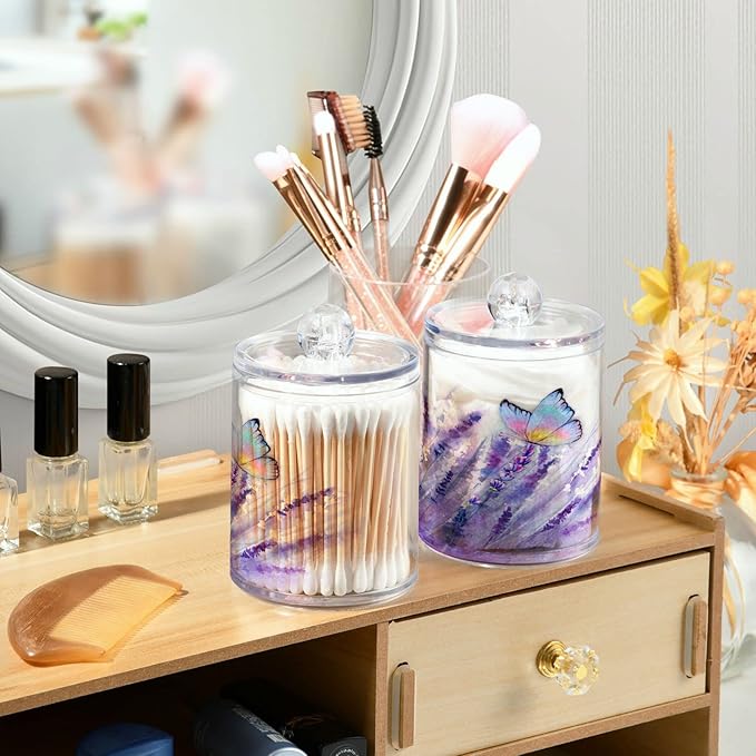4 Pack Qtip Holder Dispenser Lavender Butterfly Purple Bathroom Storage Canister Lid Acrylic Plastic Apothecary Jar Set Vanity Makeup Organizer for Cotton Swab/Ball/Pad/Floss