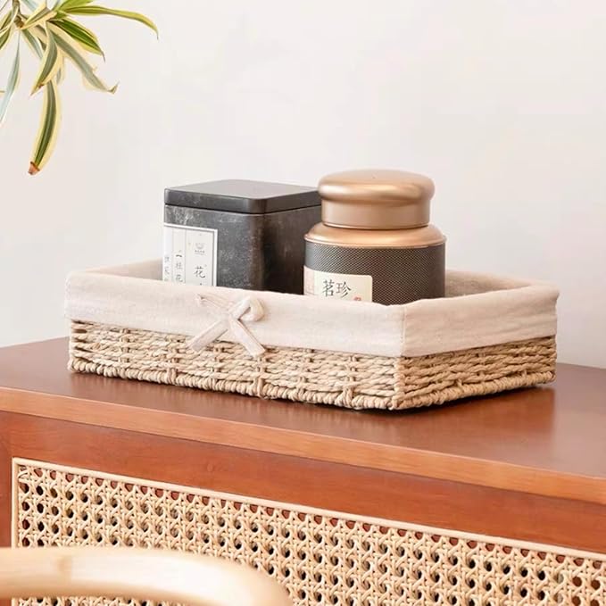 4PCS Wicker Storage Baskets Hand-woven Baskets for Shelves Rattan Basket for Bathroom Storage with Lining Decorative Rectangle Shelf Baskets Set for Pantry Kitchen Bedroom