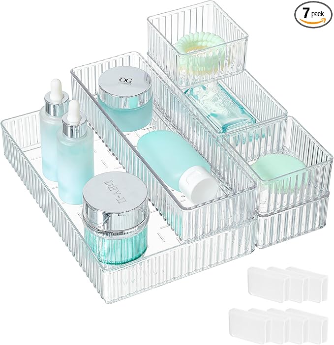 7 PCS Clear Drawer Organizer Bins, 4 Sizes with 7 Connector Clips, Stackable Makeup Vanity Organizer Trays for Bathroom Drawers, Cosmetics, Office Supplies, Kitchen Utensils & Gadgets