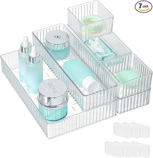 7 PCS Clear Drawer Organizer Bins, 4 Sizes with 7 Connector Clips, Stackable Makeup Vanity Organizer Trays for Bathroom Drawers, Cosmetics, Office Supplies, Kitchen Utensils & Gadgets