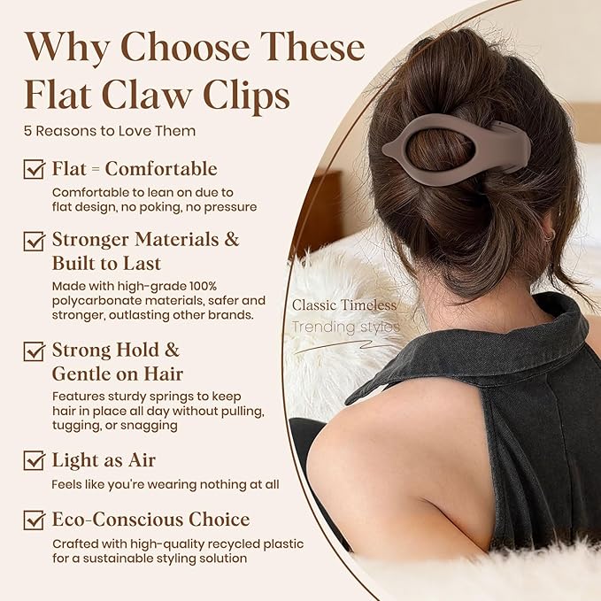 6 PCS Large Flat Hair Clips for Women Girls, French Concord Lay Down Flat Claw Clips for Thick Thin Hair, Comfortable Curved Flat Clip, Matte Non-slip Strong Hold Hair Accessories, Neutral