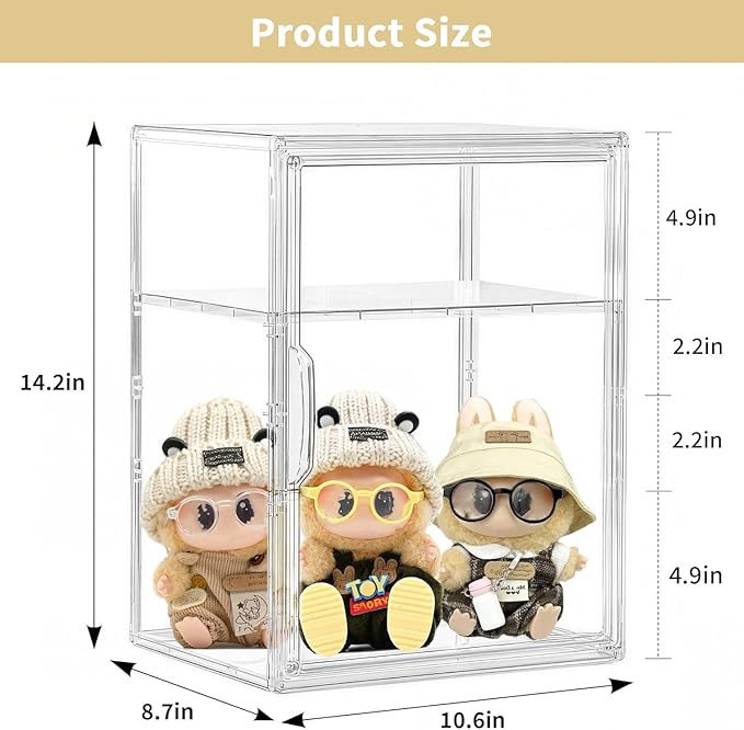 Attelite Acrylic Display Case Compatible with POP MART Labubu Display Case 4 Pack Clear Display Box with Magnetic Door for Figures Collectibles, 3 Adjustable Layers with a Removable Divider,X Large