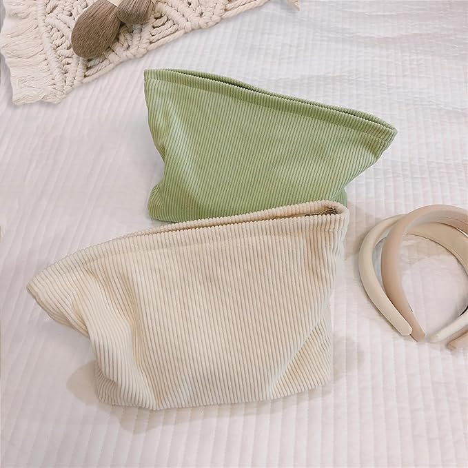 HAPPYHEIDI Fresh Green Corduroy Makeup Bag with Compartment Cosmetic Toiletry Travel Pouch, Make Up Accessory Purse Organizer, Canvas Lined