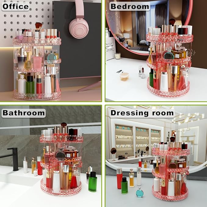 360 Rotating Makeup Organizer, DIY Adjustable Makeup Carousel Spinning Holder Storage Rack, Large Capacity Vanity Organizer Skincare Organizers (Pink)