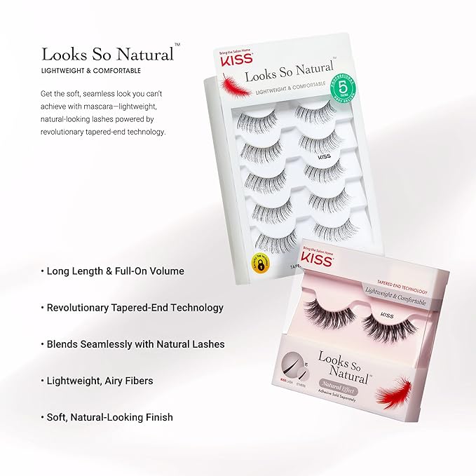 Kiss Looks So Natural, So Wispy False Eyelashes, 5 Pairs, 14mm, Reusable Thin Band Strip Lashes for Bouncy Volume & Curl, Lightweight, Easy-to-Apply Crisscross Pattern for Seamless Natural Look